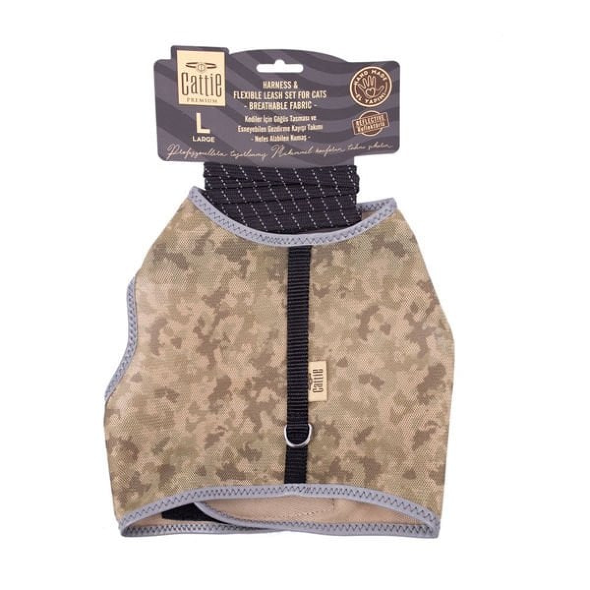 Cattie Havalı Dokuma Kedi Göğüs ve Gezdirme Takımı Large Kamuflaj 1.5x30-40 Cm Cattie Havalı Dokuma Kedi Göğüs ve Gezdirme Takımı Large Kamuflaj 1.5x30-40 Cm