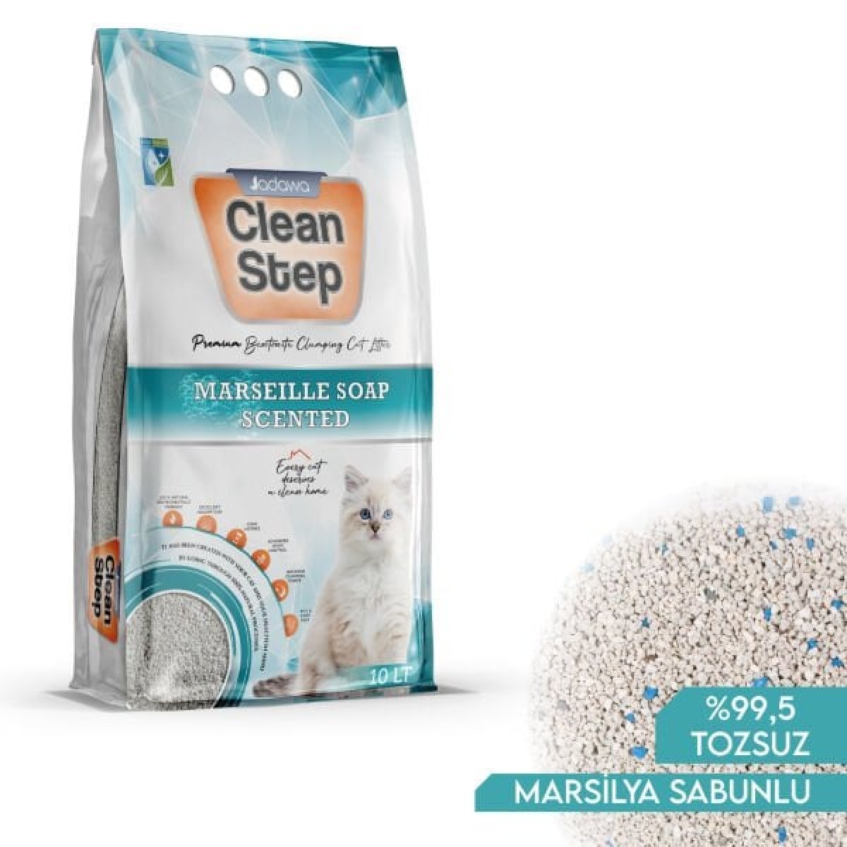 Clean Step  Aktif Karbonlu Marsilla Kokulu İnce Taneli Topaklanan Bentonit Kedi Kumu 10 Lt