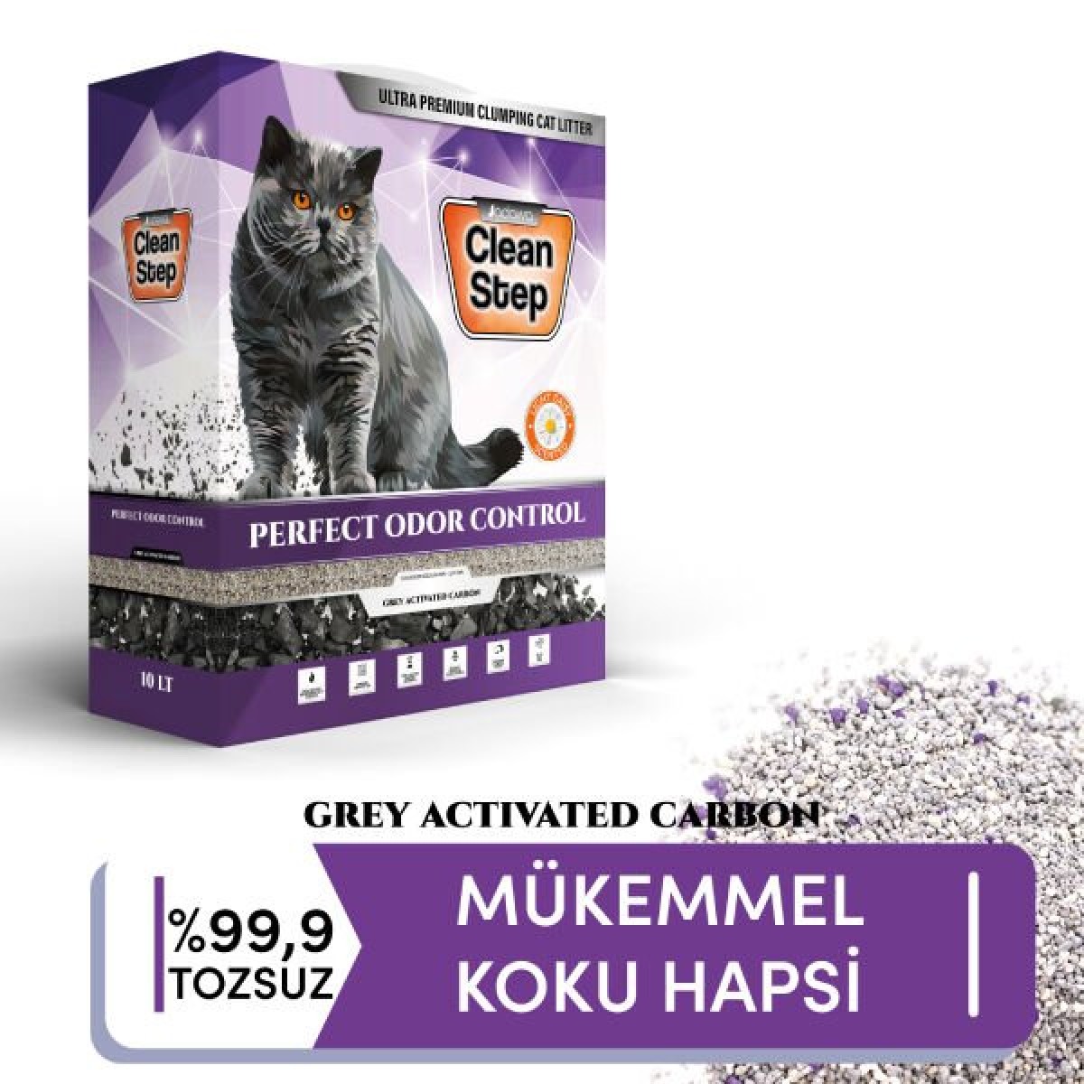 Clean Step Perfect Odor Aktif Karbonlu Papatya Kokulu İnce Taneli Topaklanan Bentonit Kedi Kumu 10 Lt