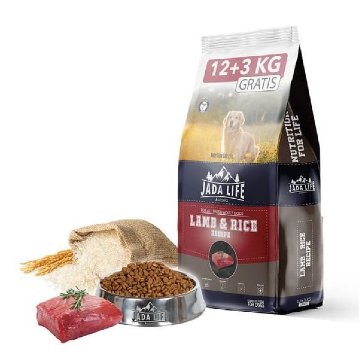 Jada Life Kuzu ve Pirinçli Yetişkin Köpek Maması 12 Kg + 3 Kg Hediyeli