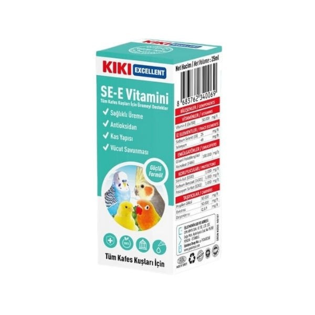 Kiki Excellent Sağlıklı Üreme Destekleyici Kuşlar için SE-E Vitamini Sıvı Damla 25 Ml