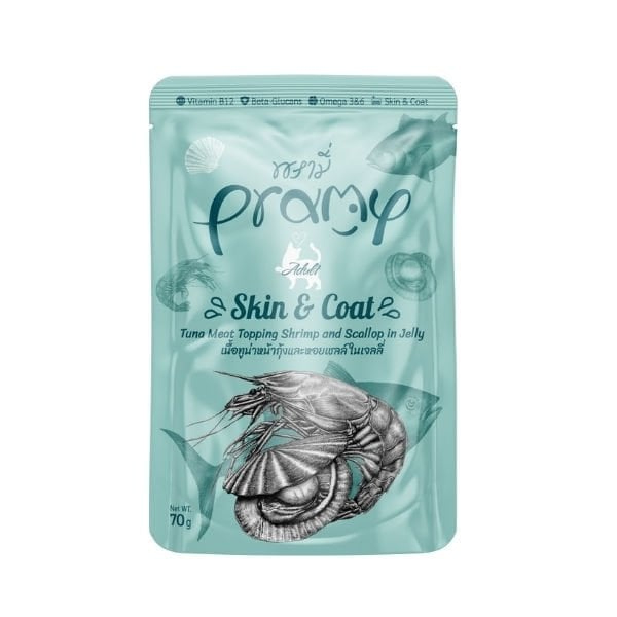 Pramy Jöle İçinde Karidesli Deniz Taraklı ve Ton Balıklı Pouch Yetişkin Konserve Kedi Maması 70 Gr