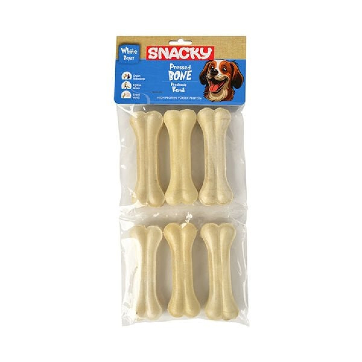 Snacky Beyaz Preslenmiş Yüksek Proteinli Köpek Çiğneme Kemiği 6 Adet 165 Gr Snacky Beyaz Preslenmiş Yüksek Proteinli Köpek Çiğneme Kemiği 6 Adet 165 Gr