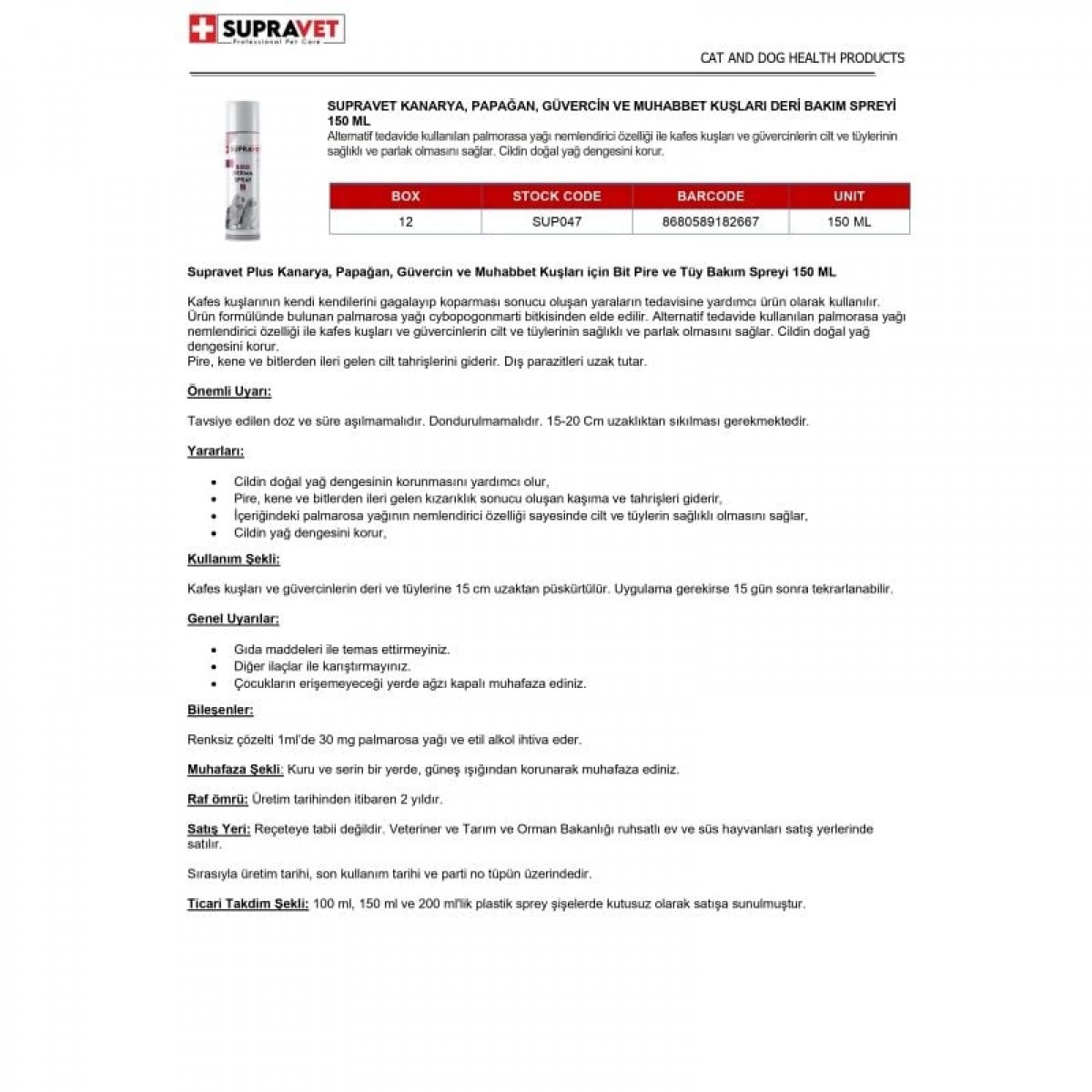 Supravet Kanarya Papağan Güvercin ve Muhabbet Kuşları Deri Bakım Spreyi 150 Ml Supravet Kanarya Papağan Güvercin ve Muhabbet Kuşları Deri Bakım Spreyi 150 Ml