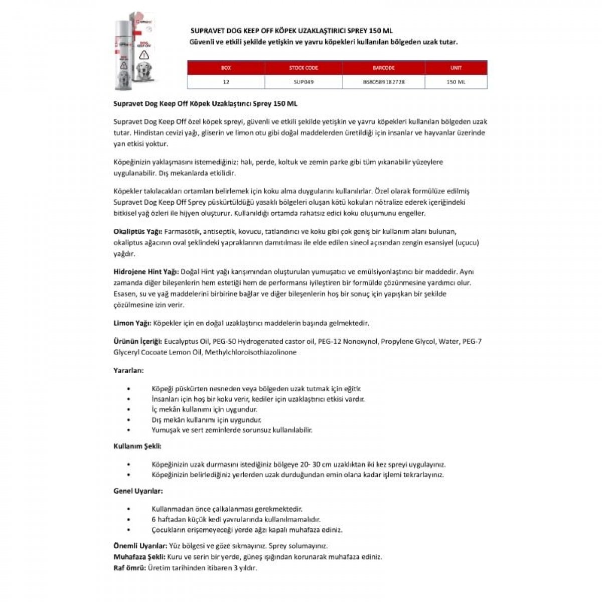 Supravet Keep Off Köpek Uzaklaştırıcı Sprey 150 Ml Supravet Keep Off Köpek Uzaklaştırıcı Sprey 150 Ml