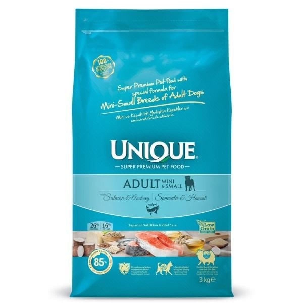 Unique Somonlu ve Hamsili Küçük Irk Düşük Tahıllı Yetişkin Köpek Maması 3 Kg Unique Somonlu ve Hamsili Küçük Irk Düşük Tahıllı Yetişkin Köpek Maması 3 Kg