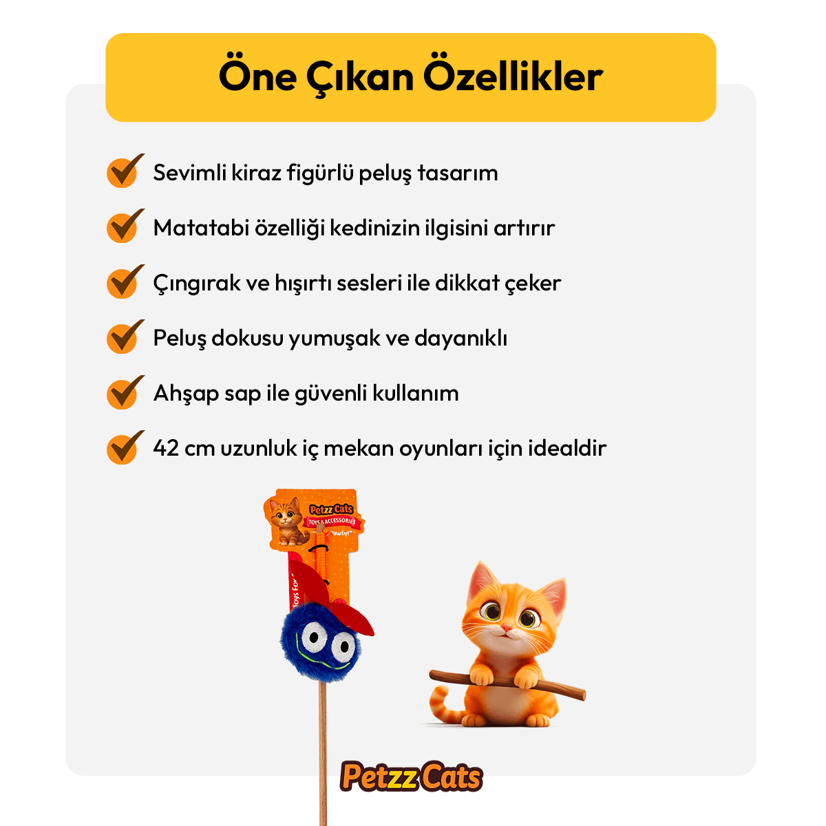 PetzzCats Cherry Matatabi ve Çıngırak Sesli Kedi Oltası Oyuncağı Mavi 42 Cm