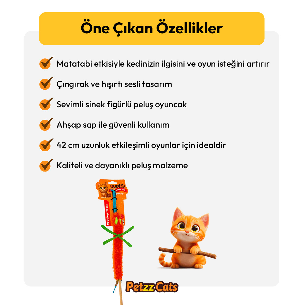 PetzzCats Sinek Matatabi ve Çıngırak Sesli Kedi Oltası Oyuncağı Turuncu 42 Cm
