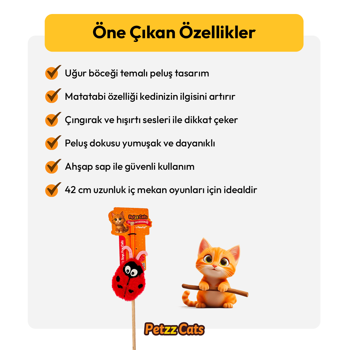 PetzzCats LadyBird Matatabi ve Çıngırak Sesli Kedi Oltası Oyuncağı Kırmızı/Pembe 42 Cm
