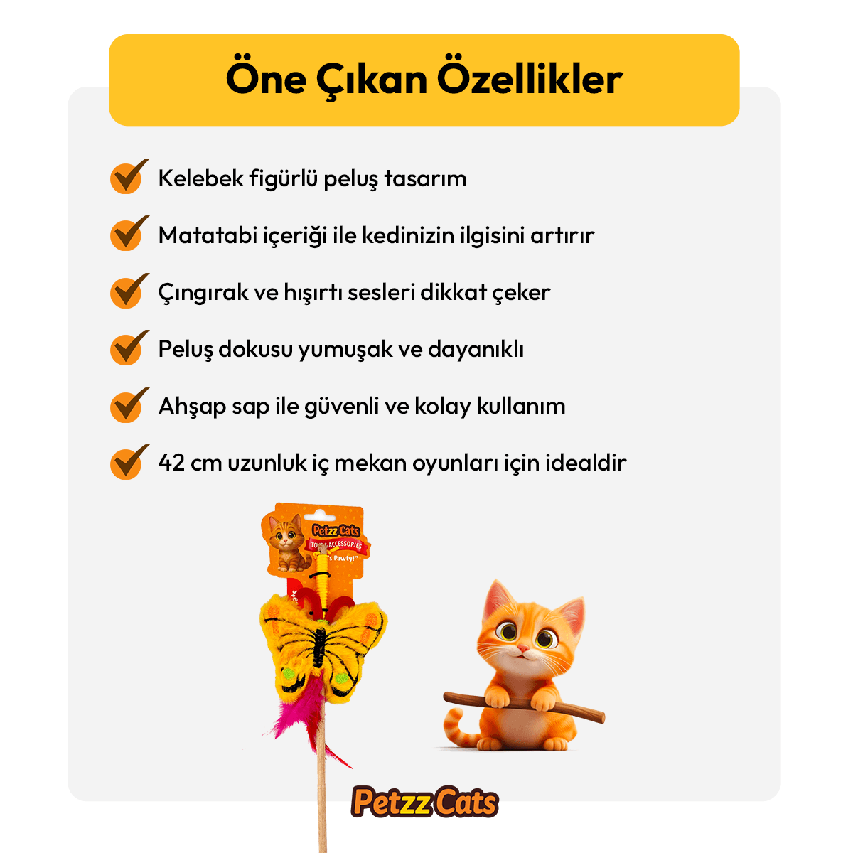 PetzzCats Kelebek Matatabi ve Çıngırak Sesli Kedi Oltası Oyuncağı Sarı 42 Cm