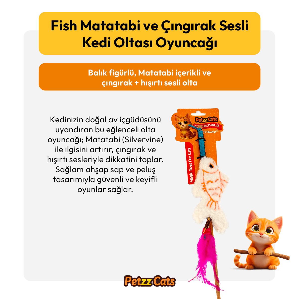 PetzzCats Fish Matatabi ve Çıngırak Sesli Kedi Oltası Oyuncağı Beyaz 42 Cm