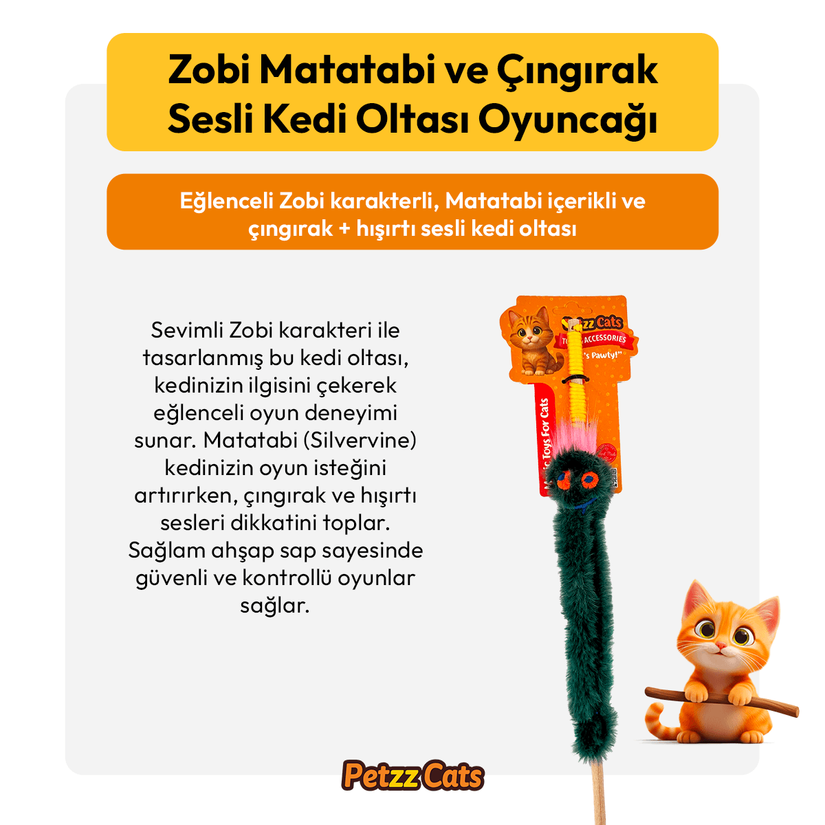 PetzzCats Zobi Matatabi ve Çıngırak Sesli Kedi Oltası Oyuncağı Yeşil 42 Cm