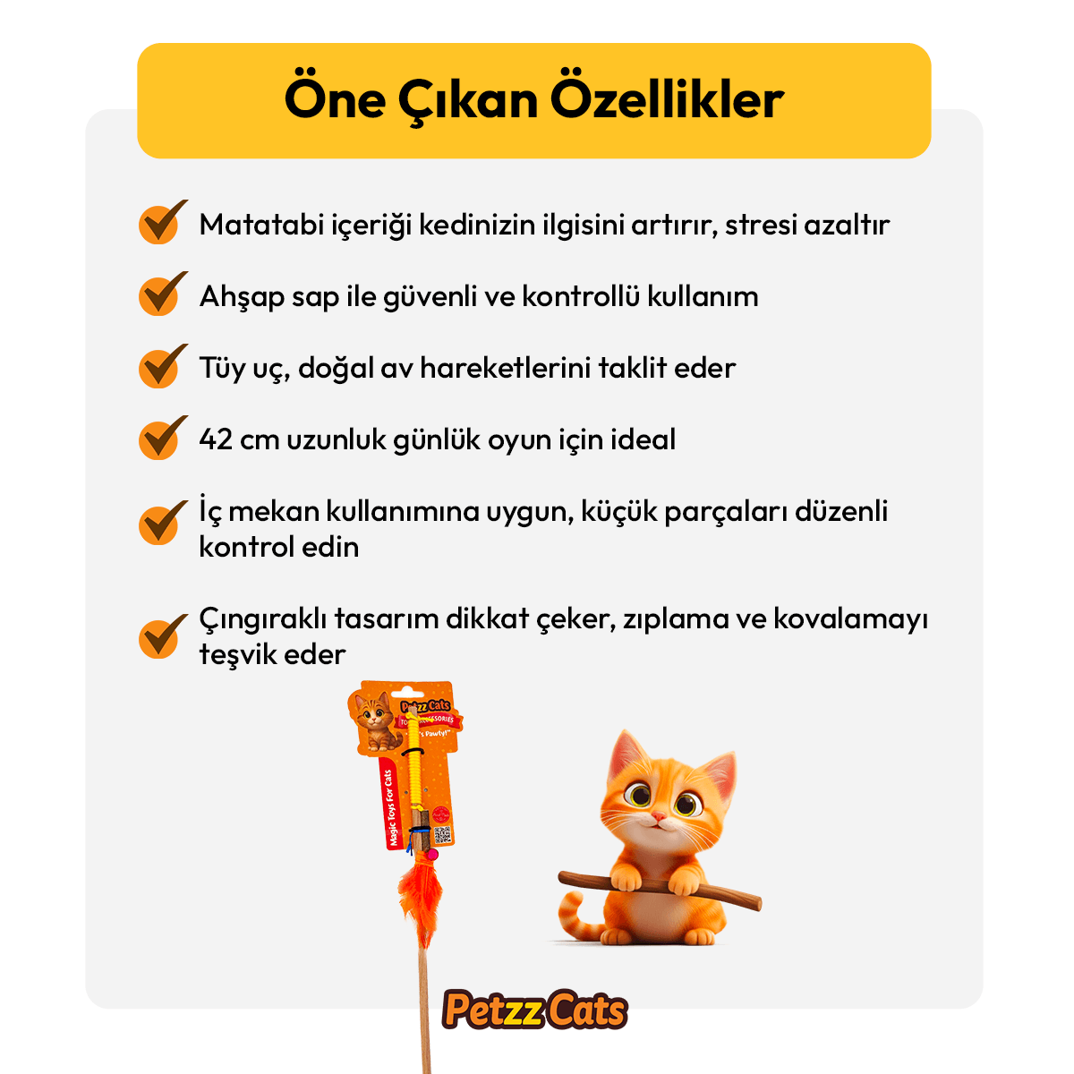 PetzzCats Fish Matatabi ve Çıngırak Sesli Ahşap Saplı Kedi Olta Oyuncağı Sarı 42 Cm