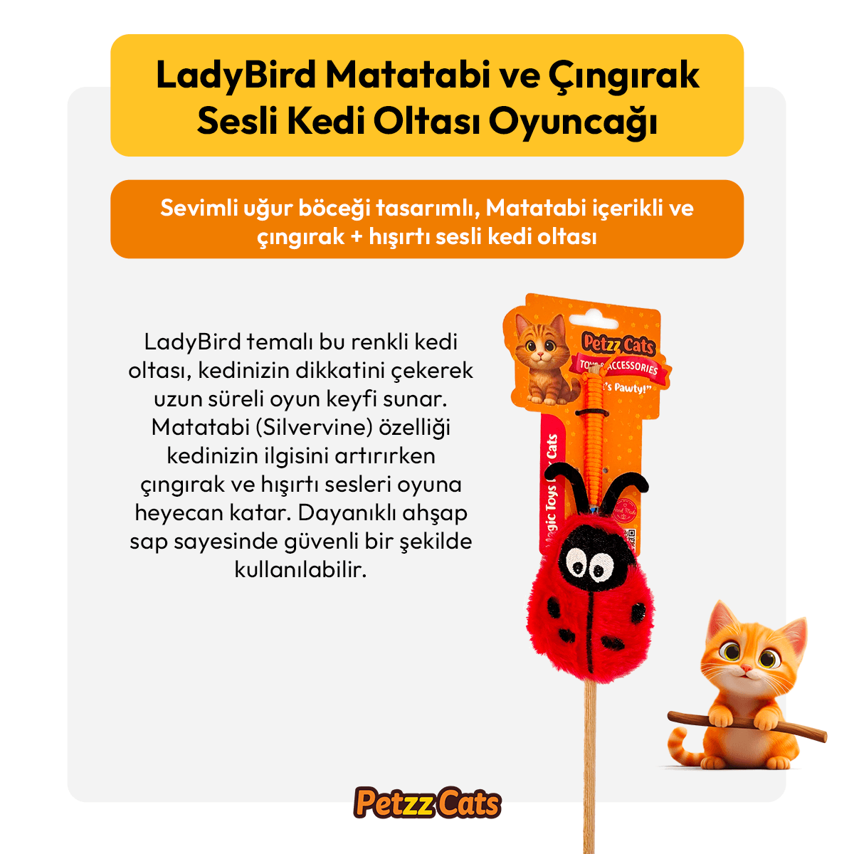 PetzzCats LadyBird Matatabi ve Çıngırak Sesli Kedi Oltası Oyuncağı Kırmızı/Siyah 42 Cm