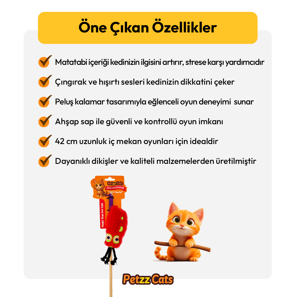 PetzzCats Kalamar Matatabi ve Çıngırak Sesli Kedi Oltası Oyuncağı Turuncu 42 Cm