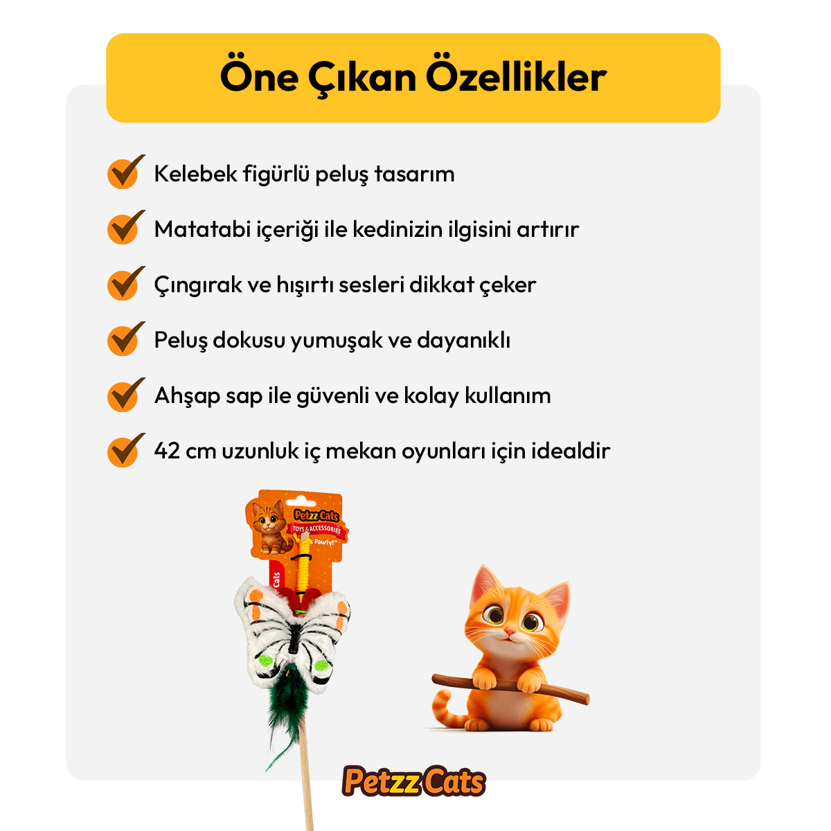 PetzzCats Kelebek Matatabi ve Çıngırak Sesli Kedi Oltası Oyuncağı Beyaz 42 Cm