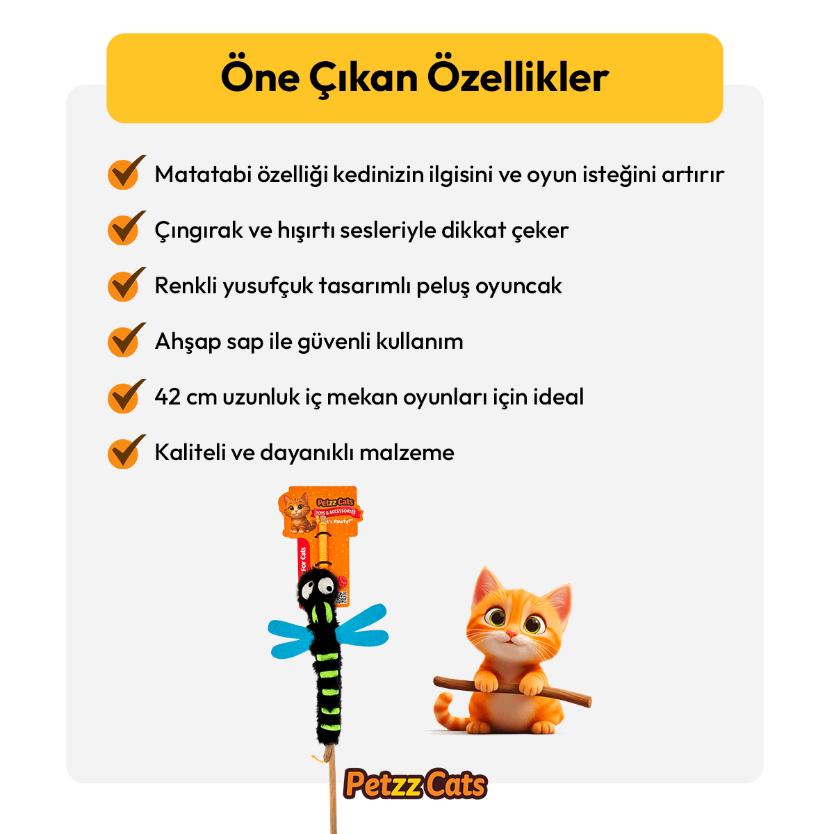 PetzzCats DragonFly Matatabi ve Çıngırak Sesli Kedi Oltası Oyuncağı Siyah 42 Cm