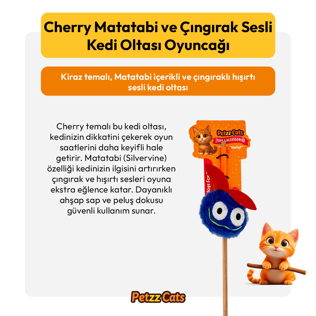 PetzzCats Cherry Matatabi ve Çıngırak Sesli Kedi Oltası Oyuncağı Buz Mavisi 42 Cm