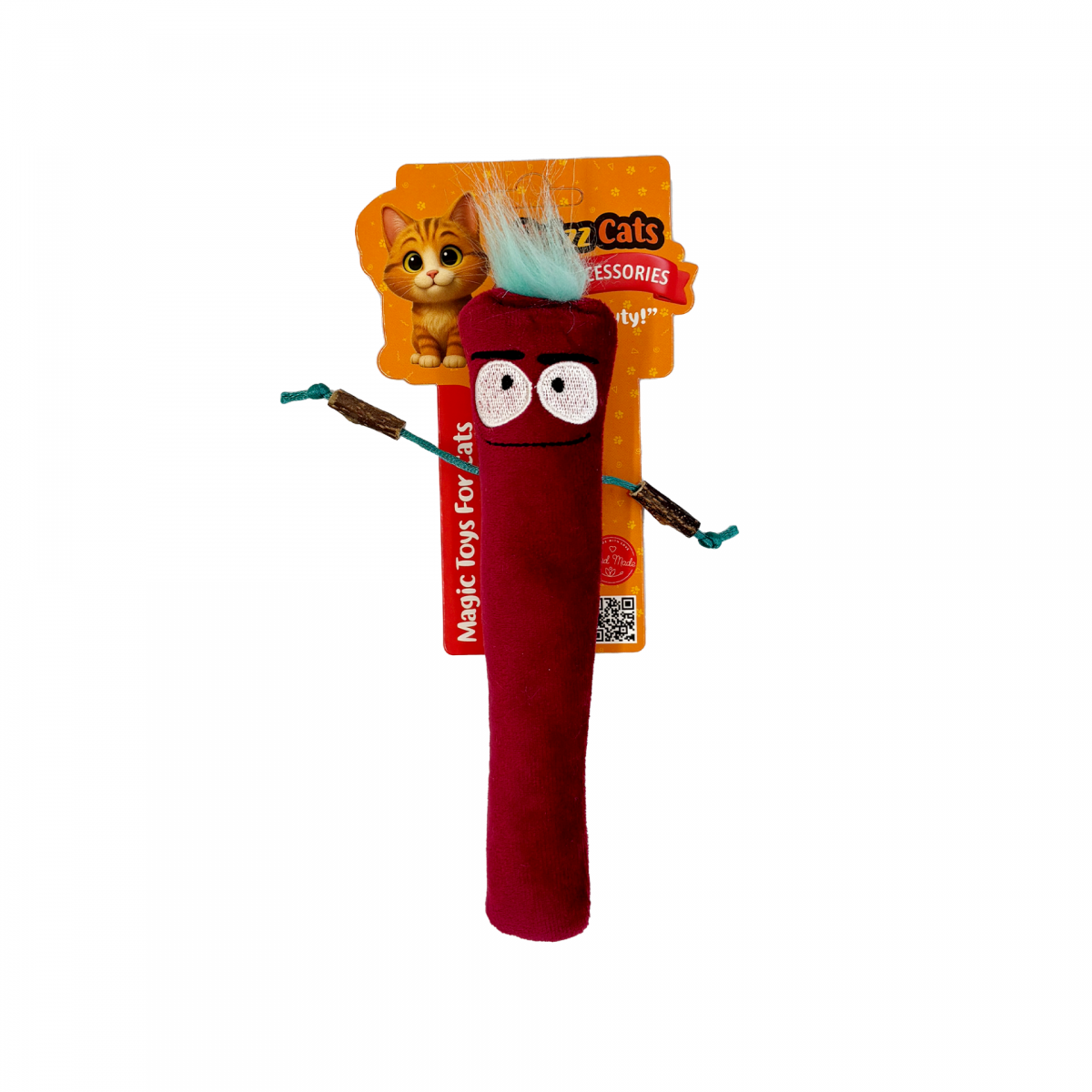 PetzzCats Stick Man Matatabi ve Çıngırak Sesli Peluş Kedi Oyuncağı Bordo 23x7,5 Cm