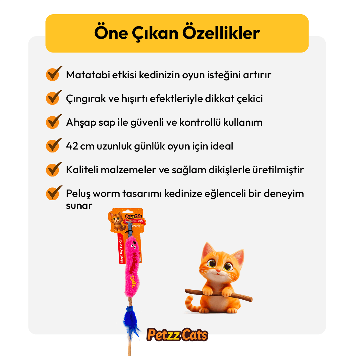 PetzzCats Worm Matatabi ve Çıngırak Sesli Kedi Oltası Oyuncağı Pembe 42 Cm