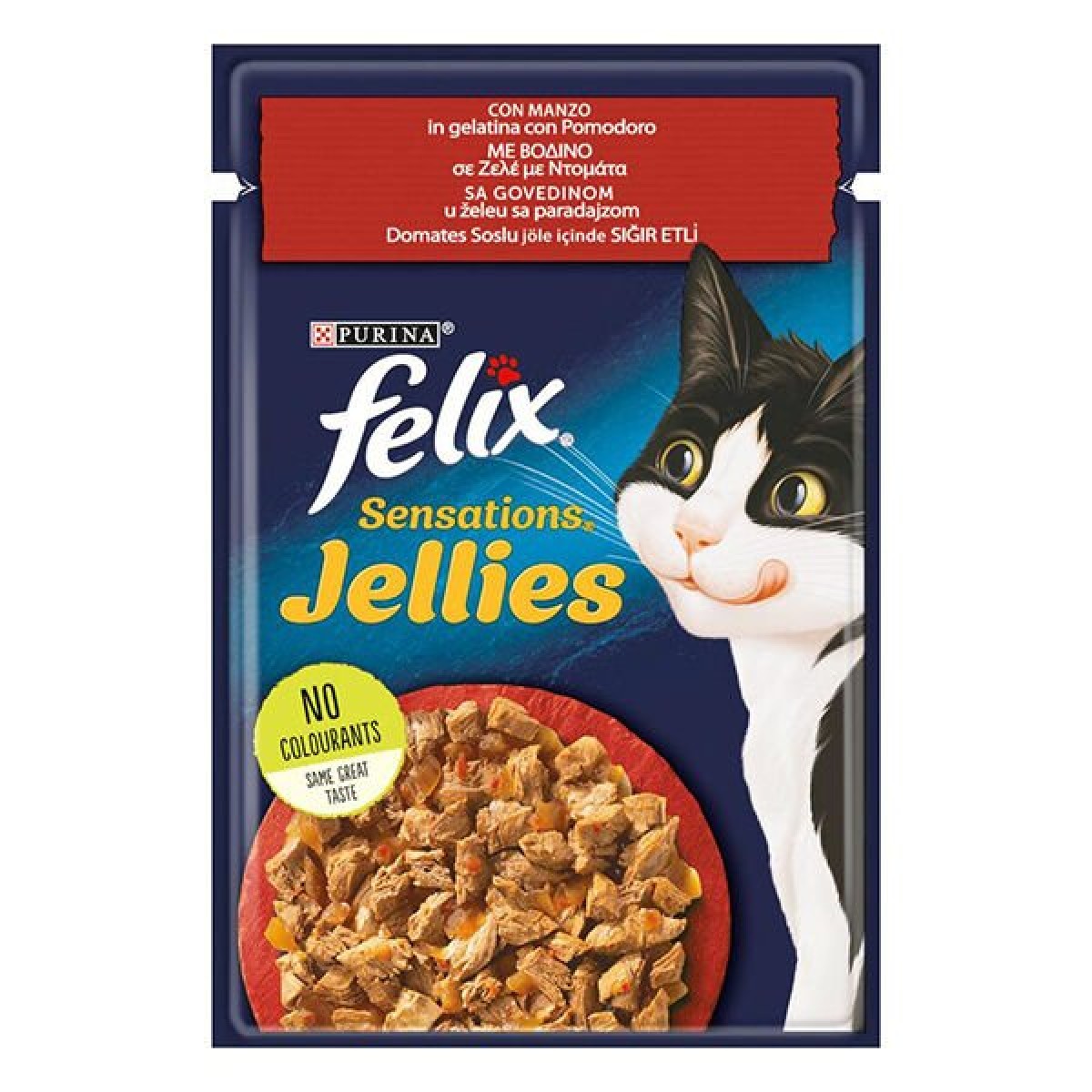 Felix Sensations Taze Jöle İçerisinde Domates Soslu Sığır Etli Yetişkin Yaş Kedi Maması 1 Adet 85 Gr