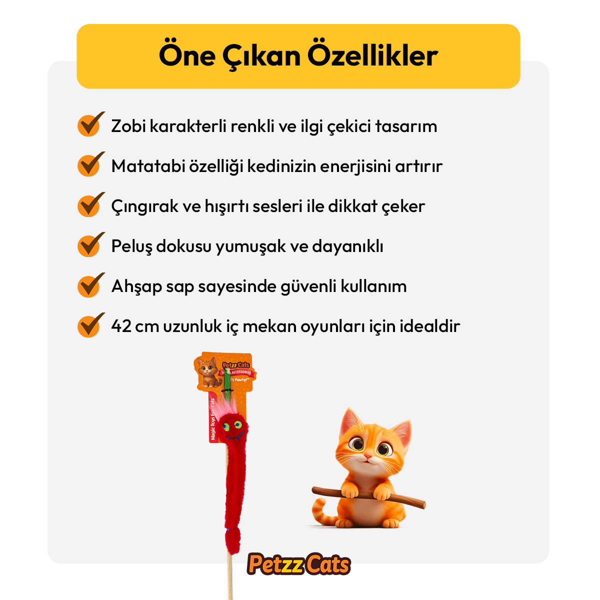 PetzzCats Zobi Matatabi ve Çıngırak Sesli Kedi Oltası Oyuncağı Kırmızı 42 Cm