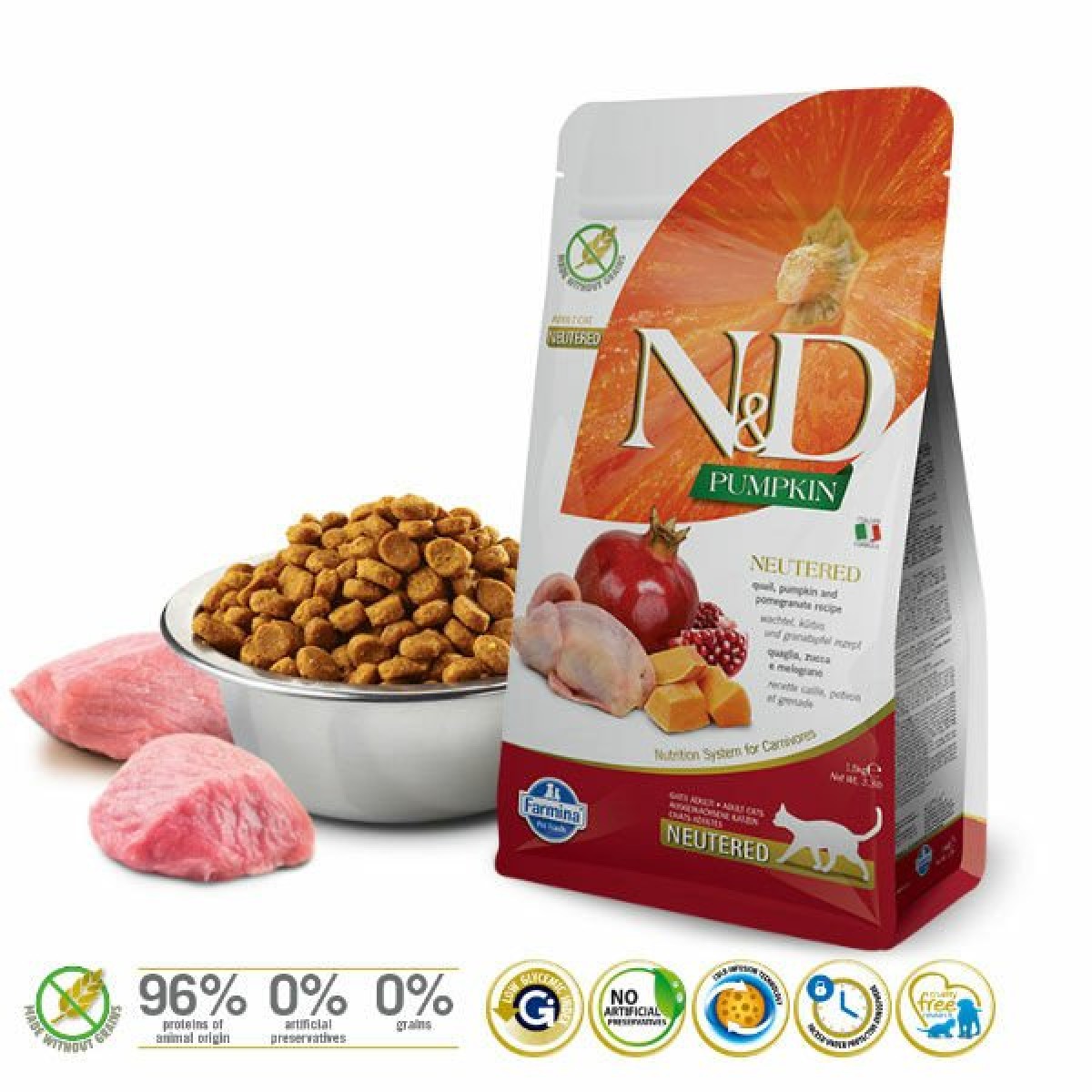 N&D Pumpkin Balkabaklı Bıldırcın ve Narlı Kısırlaştırılmış Kedi Maması 1.5 Kg