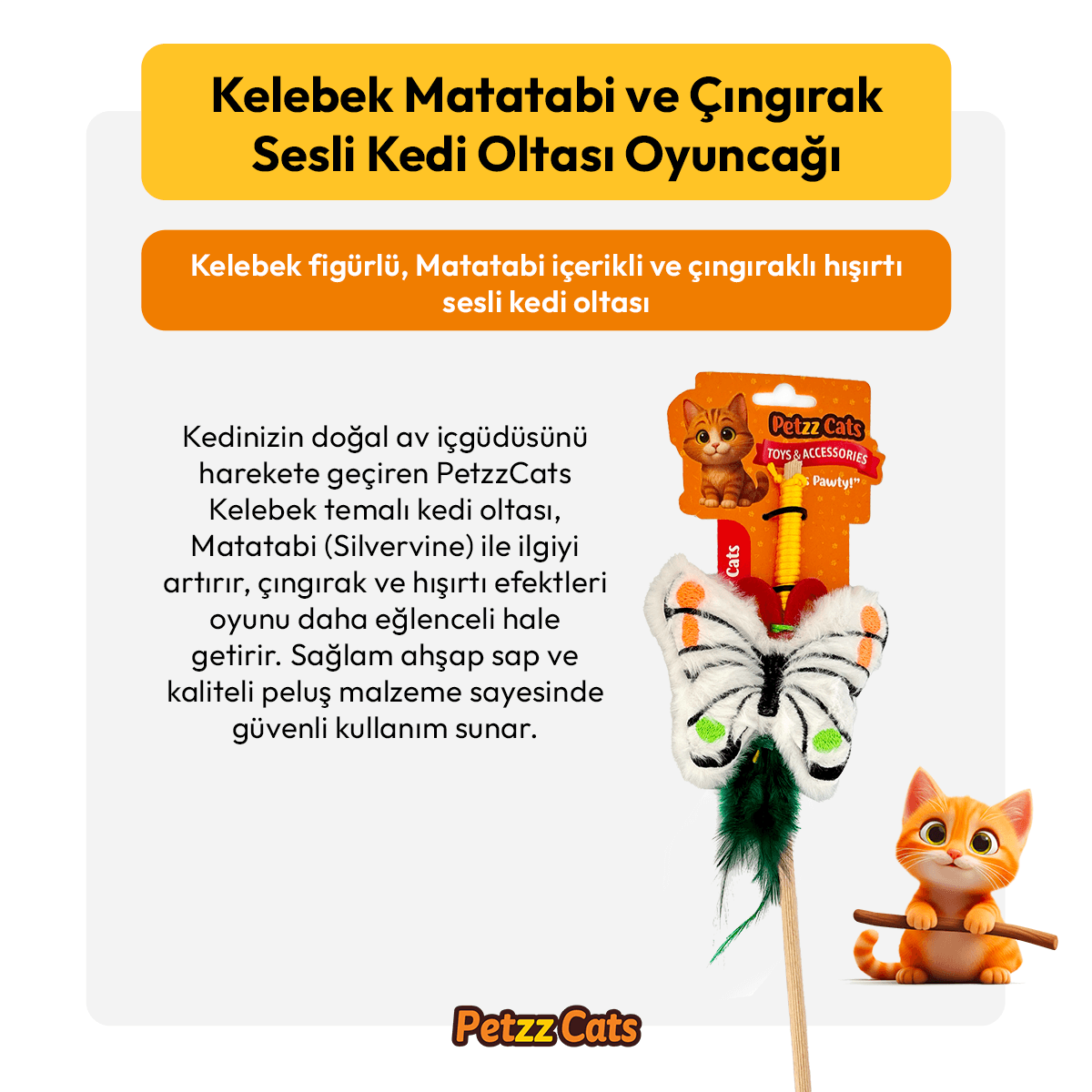 PetzzCats Kelebek Matatabi ve Çıngırak Sesli Kedi Oltası Oyuncağı Beyaz 42 Cm