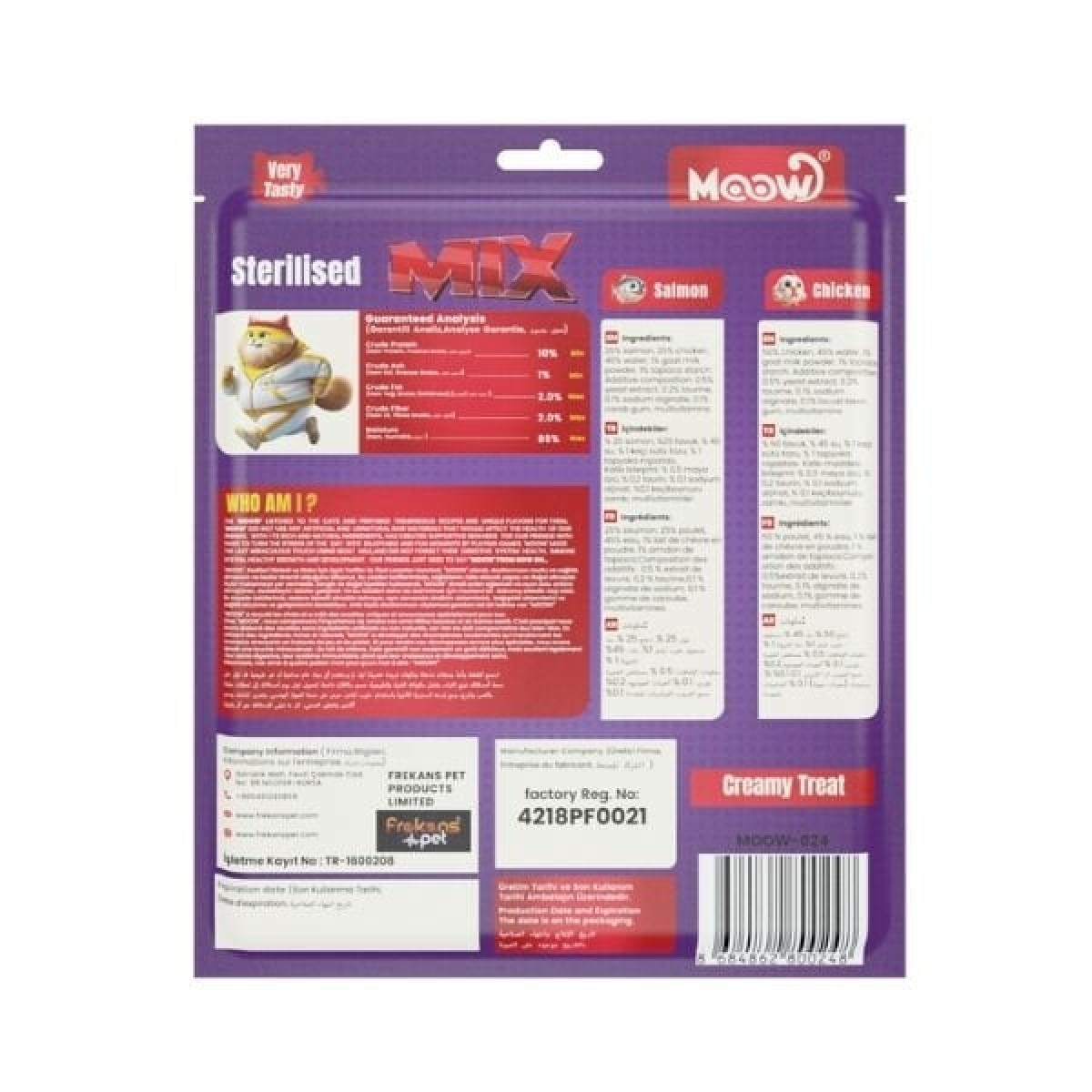 Moow Karışık Somonlu ve Tavuklu Keçi Sütlü Kısırlaştırılmış Sıvı Kedi Ödül Maması 1 Adet 30x12 Gr