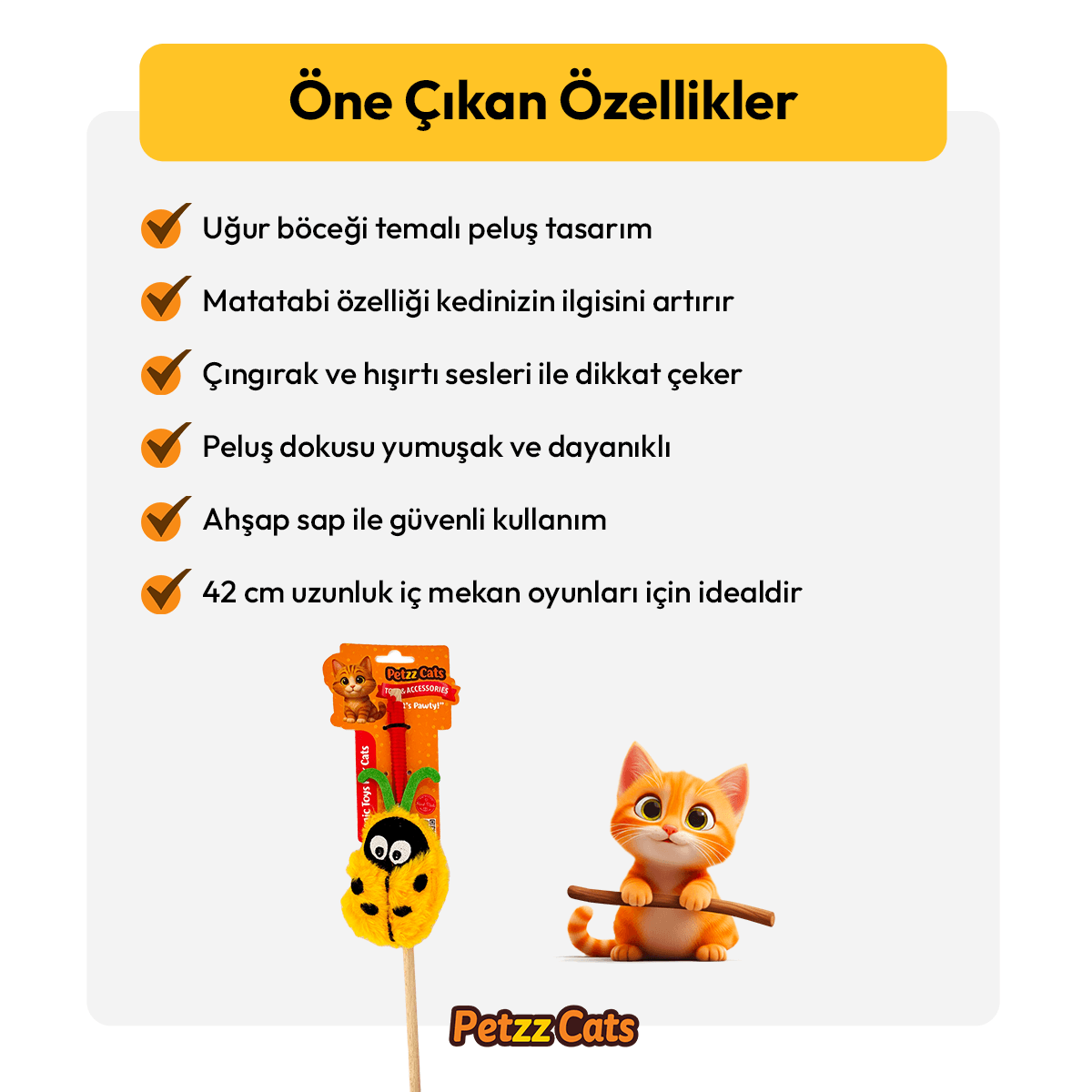 PetzzCats LadyBird Matatabi ve Çıngırak Sesli Kedi Oltası Oyuncağı Sarı/Yeşil 42 Cm