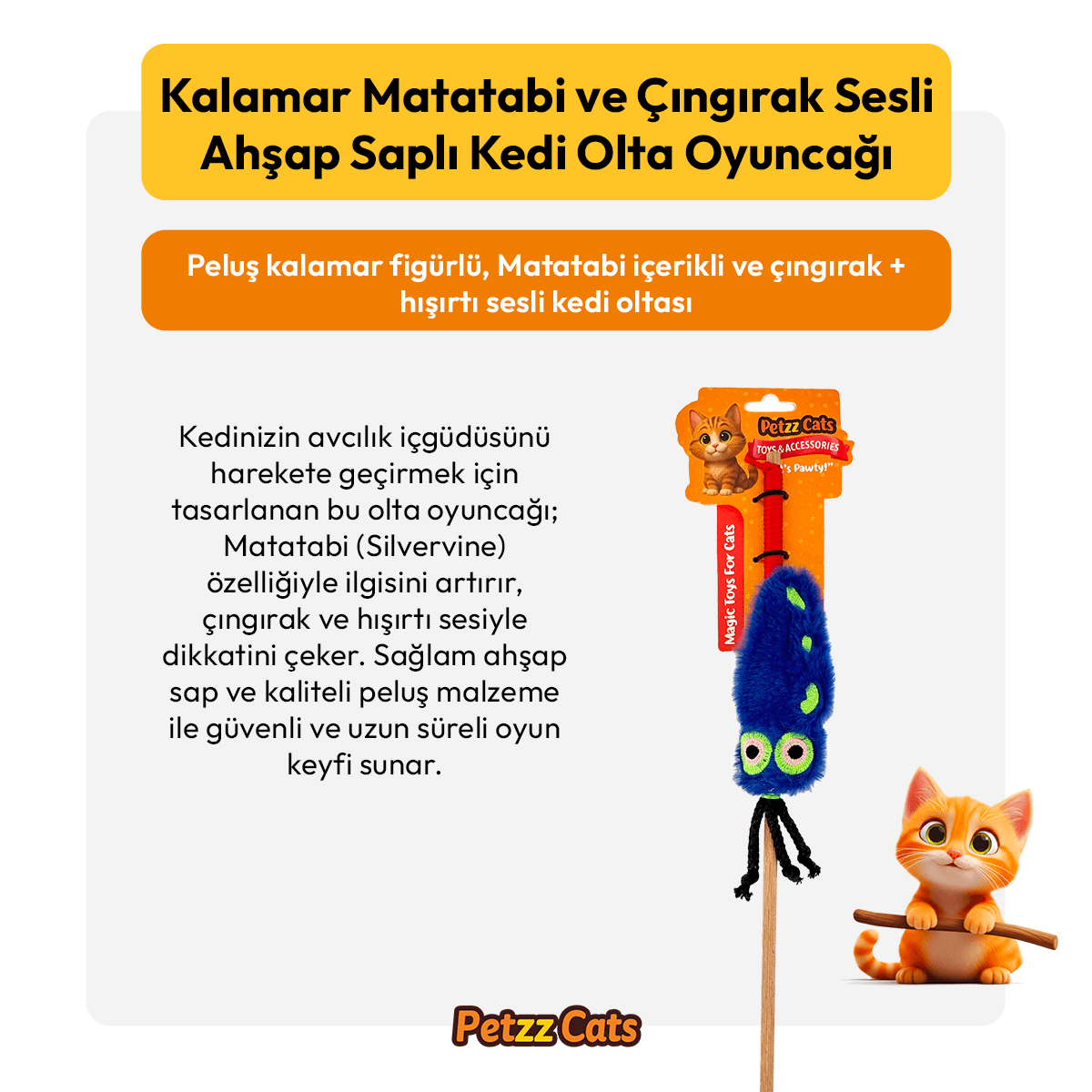 PetzzCats Kalamar Matatabi ve Çıngırak Sesli Kedi Oltası Oyuncağı Mavi 42 Cm