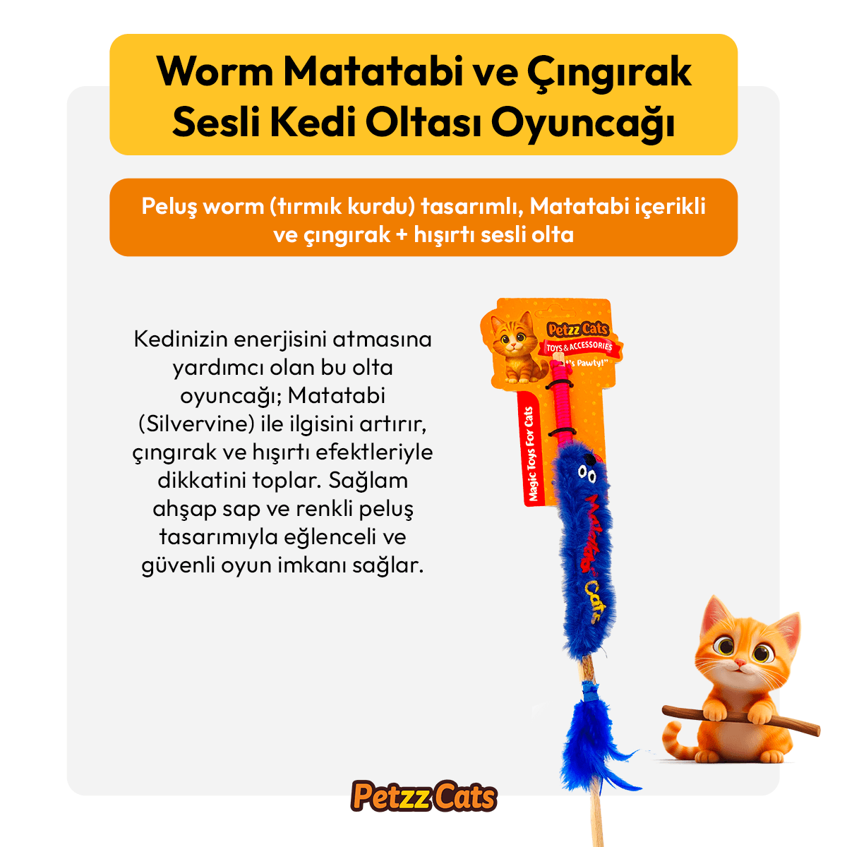 PetzzCats Worm Matatabi ve Çıngırak Sesli Kedi Oltası Oyuncağı Mavi 42 Cm