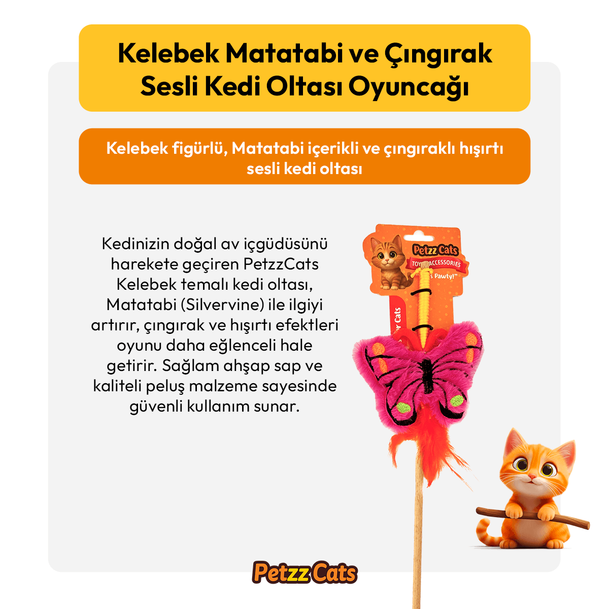 PetzzCats Kelebek Matatabi ve Çıngırak Sesli Kedi Oltası Oyuncağı Pembe 42 Cm