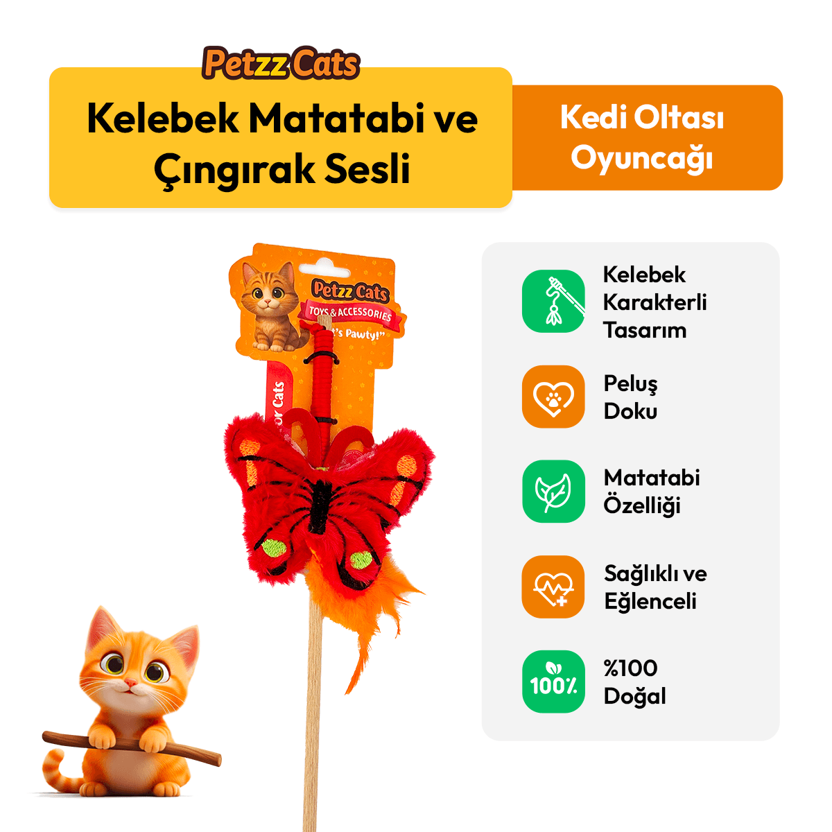 PetzzCats Kelebek Matatabi ve Çıngırak Sesli Kedi Oltası Oyuncağı Kırmızı 42 Cm