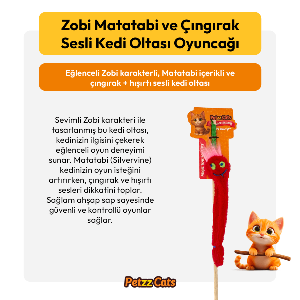 PetzzCats Zobi Matatabi ve Çıngırak Sesli Kedi Oltası Oyuncağı Kırmızı 42 Cm