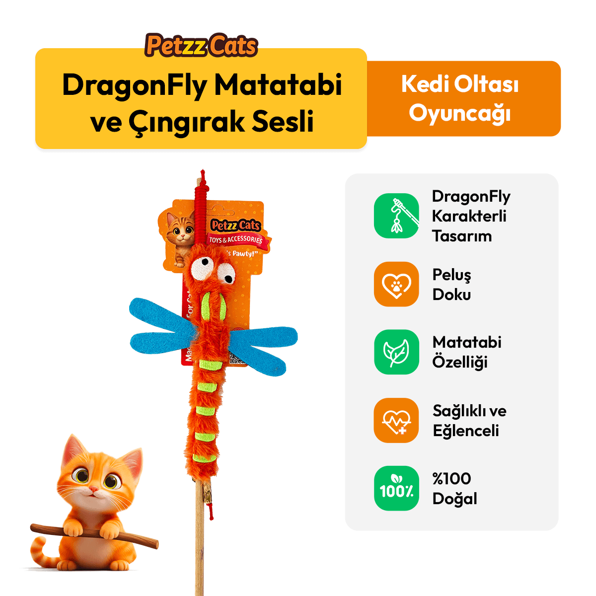 PetzzCats DragonFly Matatabi ve Çıngırak Sesli Kedi Oltası Oyuncağı Turuncu 42 Cm