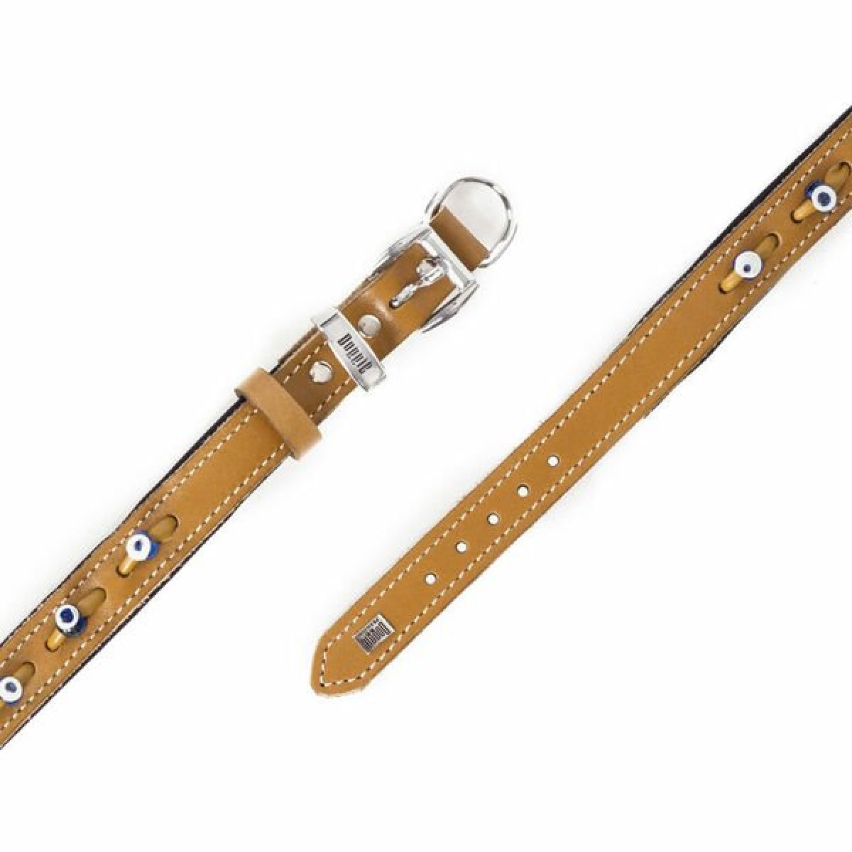 Doggie Comfort Deri Nazar Boncuklu Köpek Boyun Tasması Medium Camel 2.5x37-45 Cm