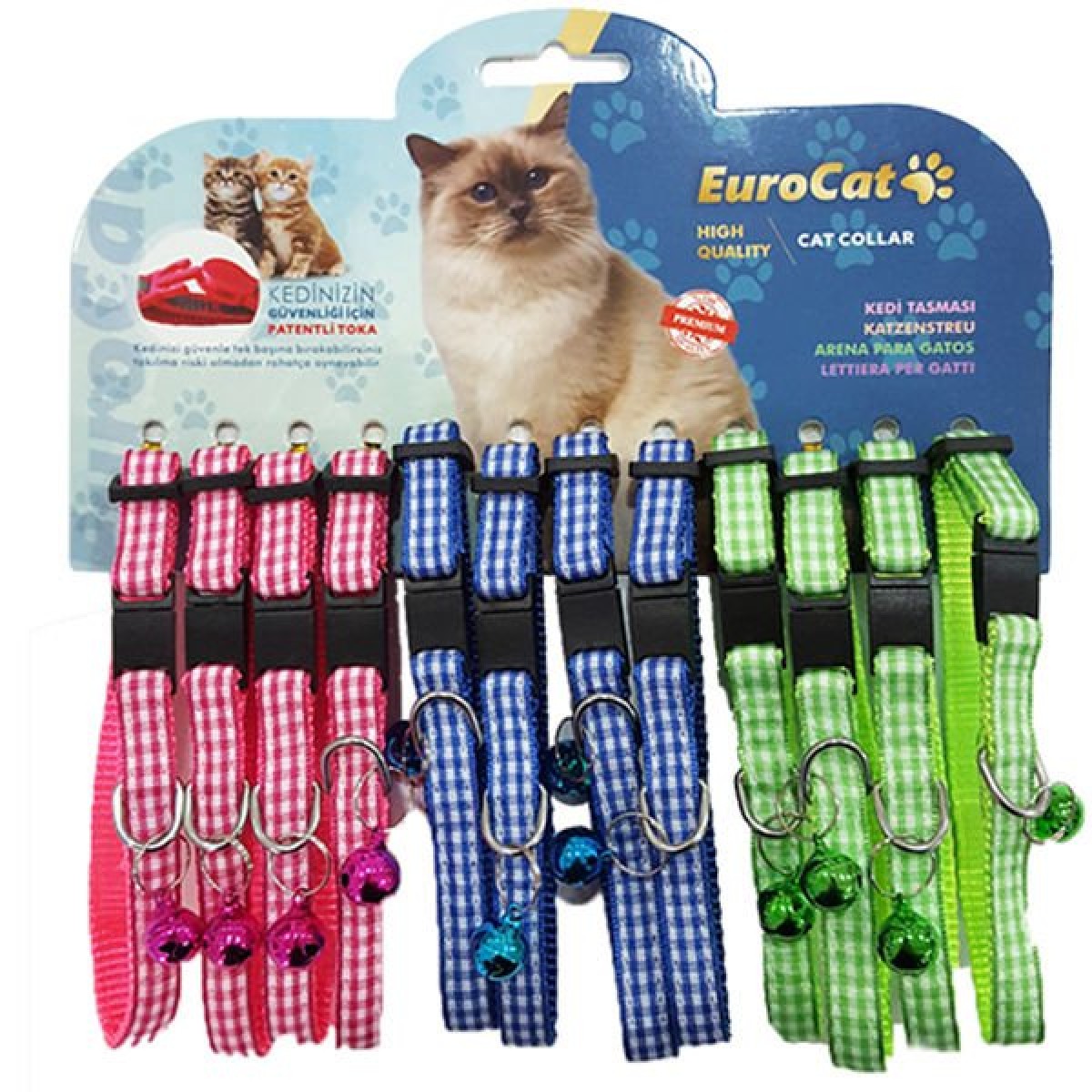 Eurocat Renkli Ekoseli Kedi Boyun Tasması 12 Adet 10 Mm 28 Cm