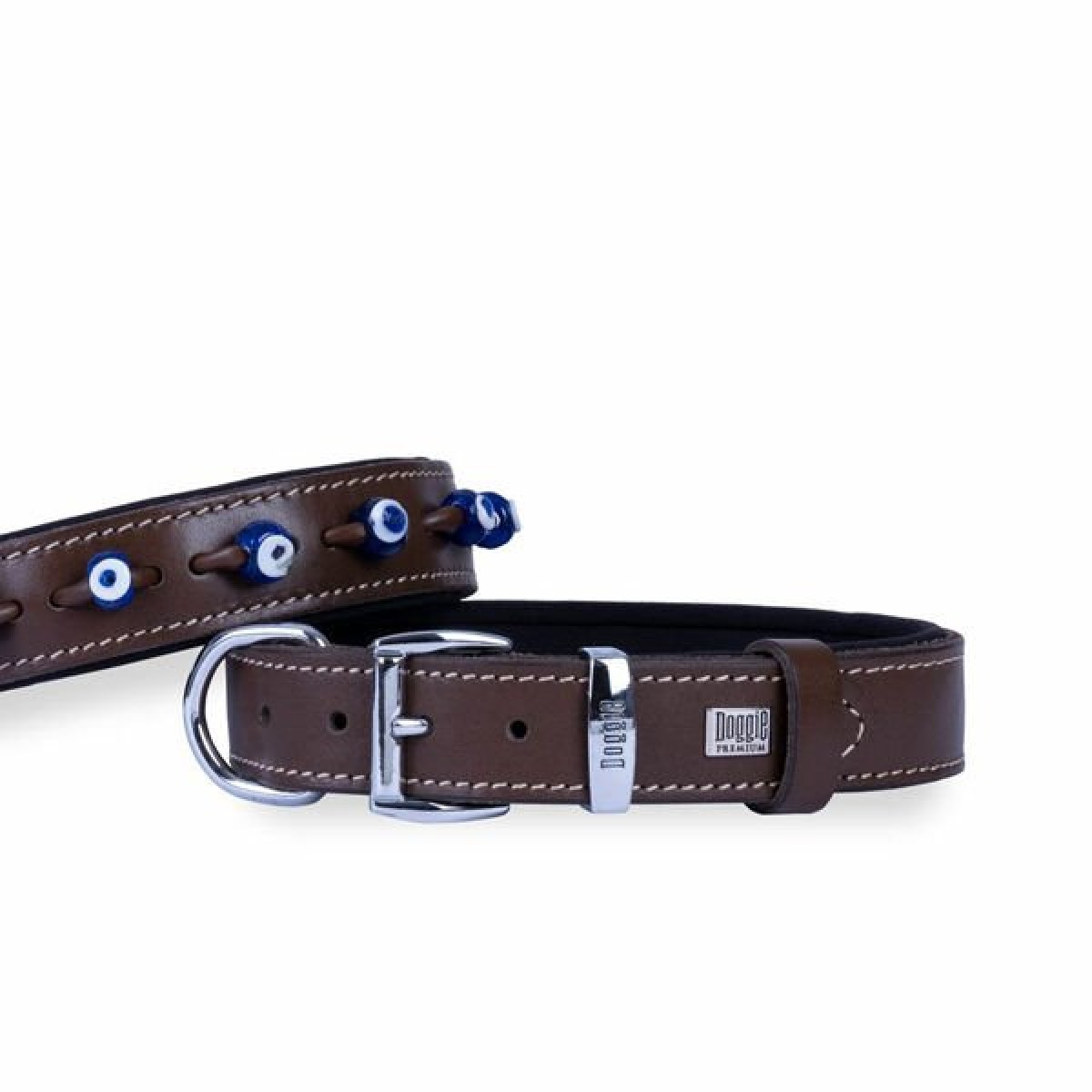 Doggie Comfort Deri Nazar Boncuklu Köpek Boyun Tasması Medium Kahverengi 2.5x37-45 Cm