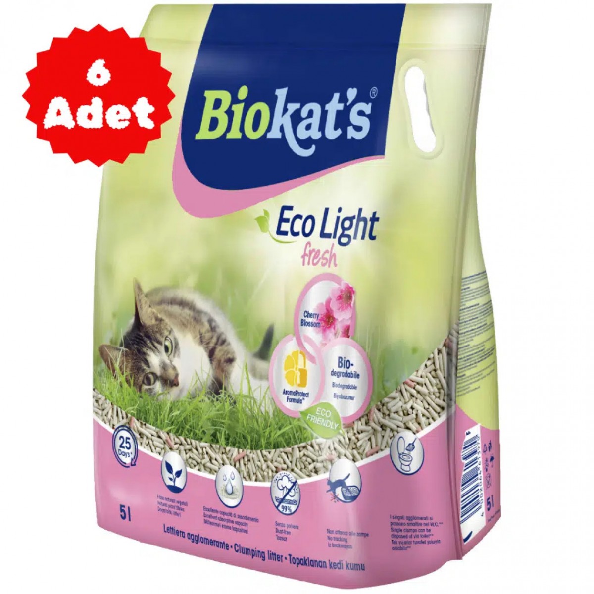 Biokat's Eco Light Fresh Cherry Blossom Pelet Kedi Kumu 5 Litre 6 Adet