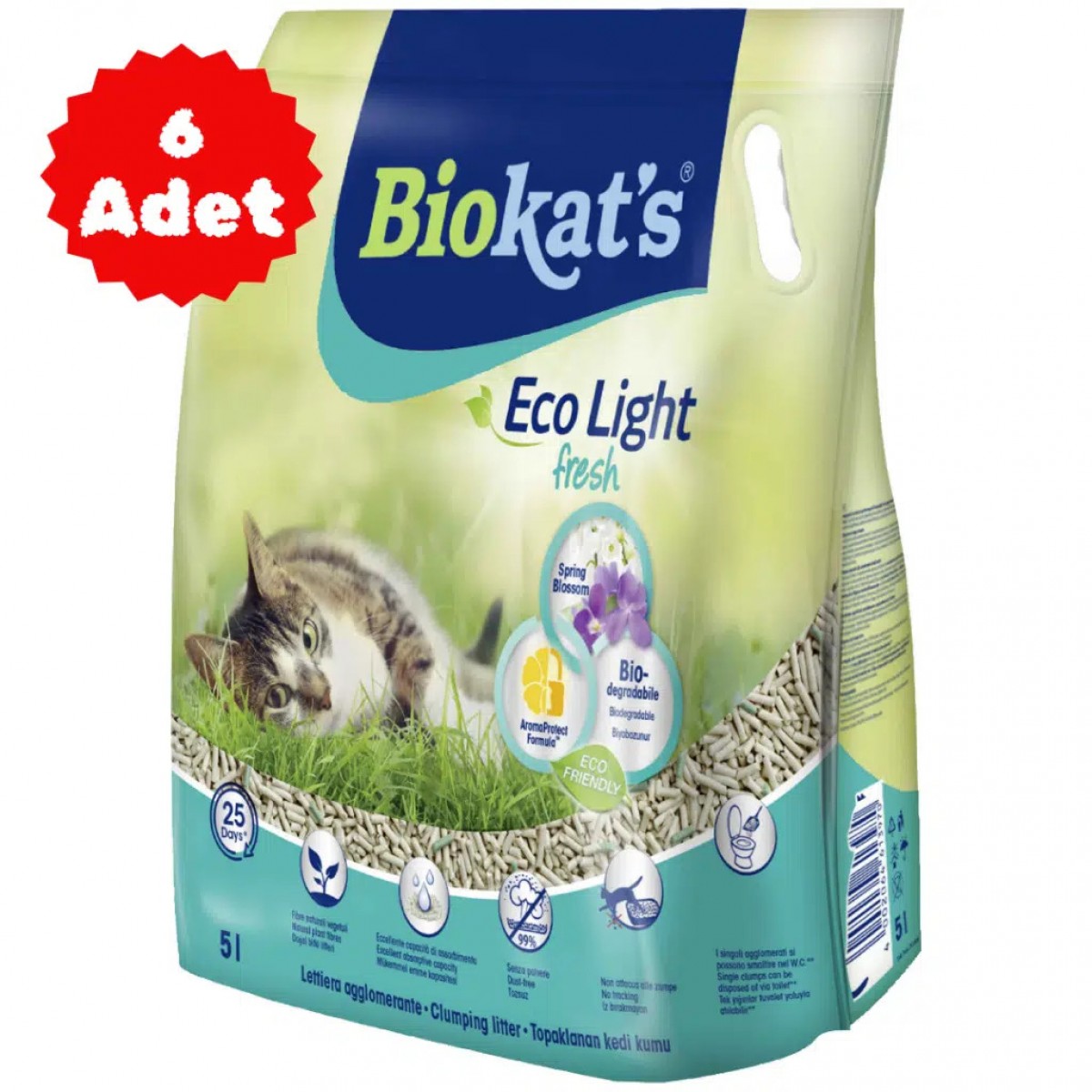 Biokat's Eco Light Fresh Spring Blossom Pelet Kedi Kumu 5 Litre 6 Adet
