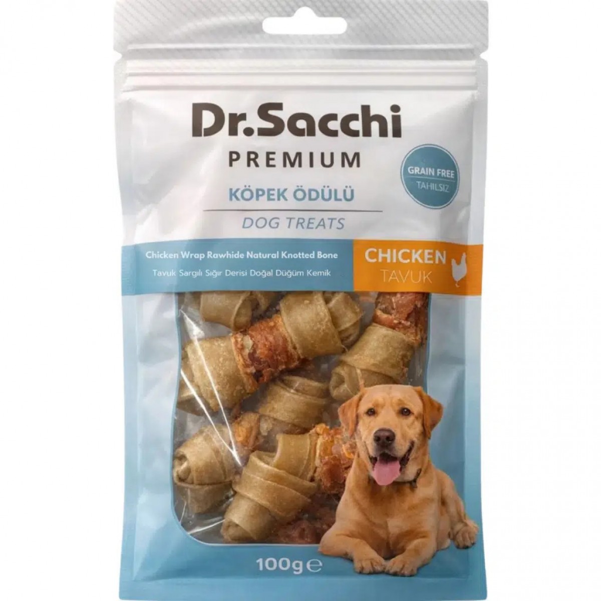 Dr.Sacchi Premium Tavuk Sargılı Sığır Derisi Doğal Düğüm Kemik Tahılsız Köpek Ödülü 8 Li 100 Gr