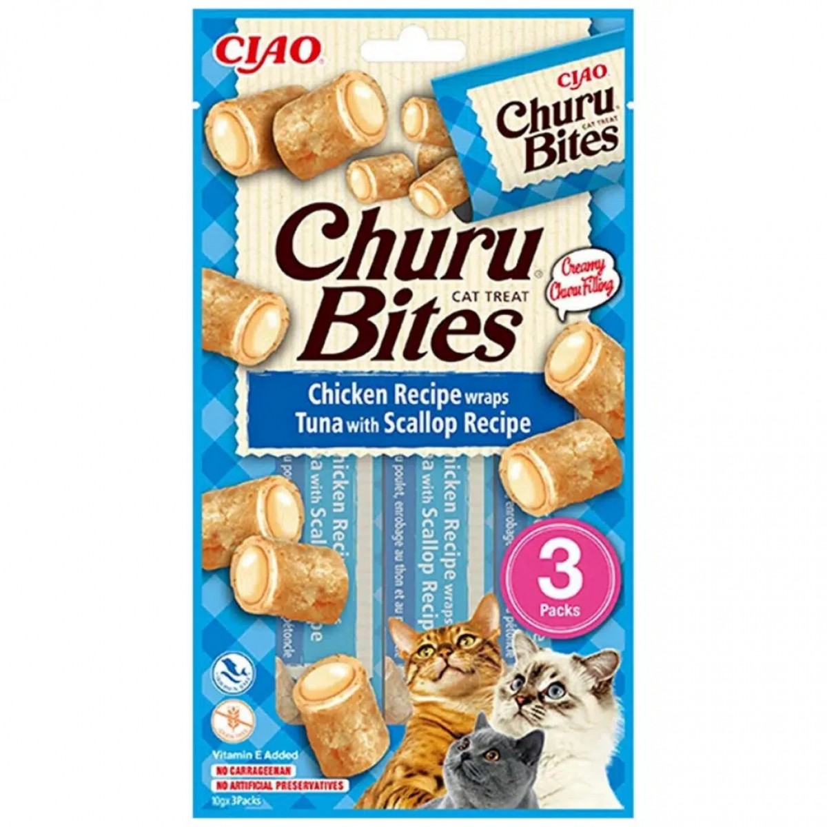 inaba Ciao Churu Bites Tavuk Sargılı Ton Balıklı ve Deniz Taraklı Kedi Ödülü 3x10 Gr
