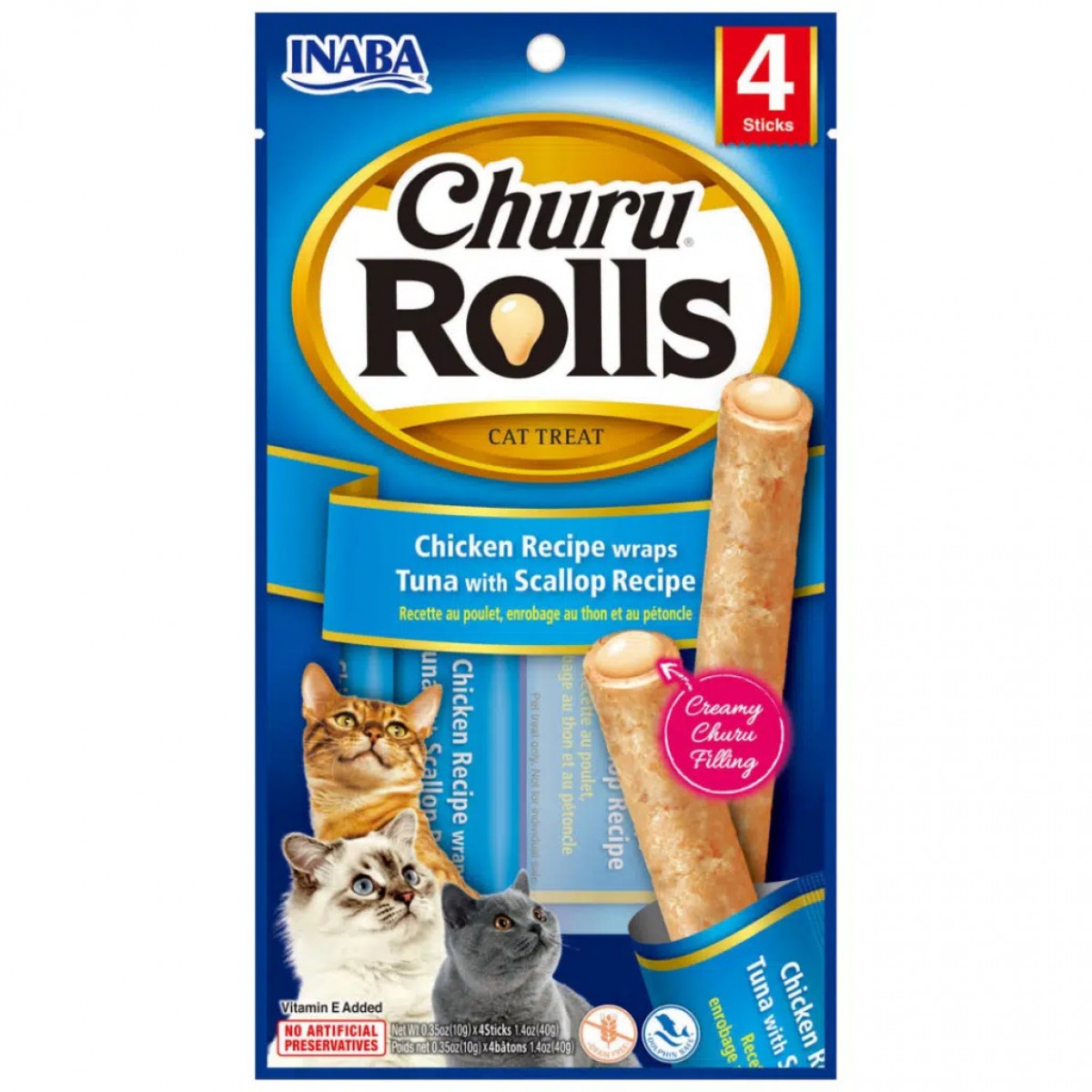 inaba Ciao Churu Rolls Tavuk Sargılı Ton Balıklı ve Deniz Taraklı Kedi Ödülü 4x10 Gr