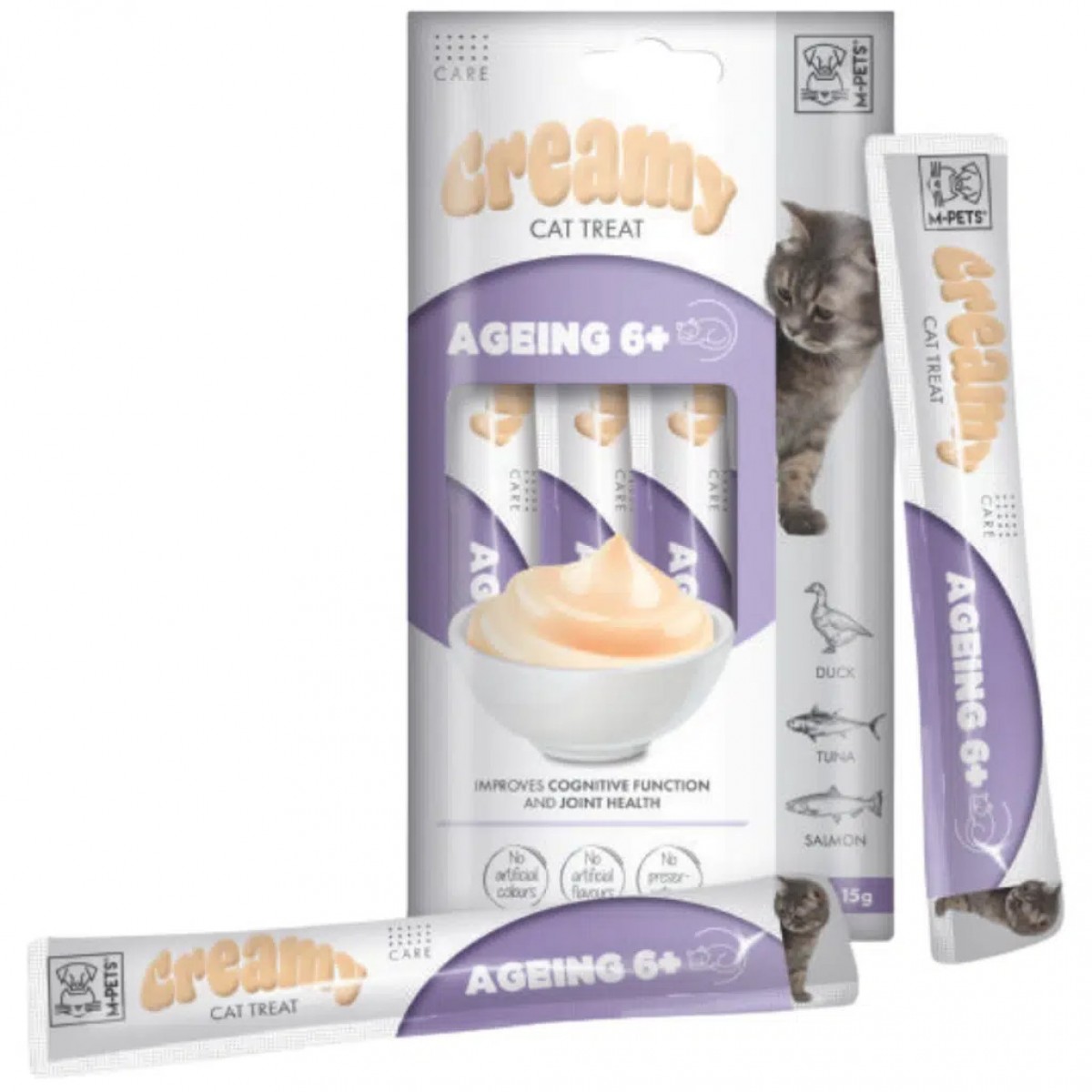 M-PETS Creamy Fonksiyonel Ageing 6+ Ördekli Ton Balıklı ve Somonlu Krema Kedi Ödülü 4x15 Gr