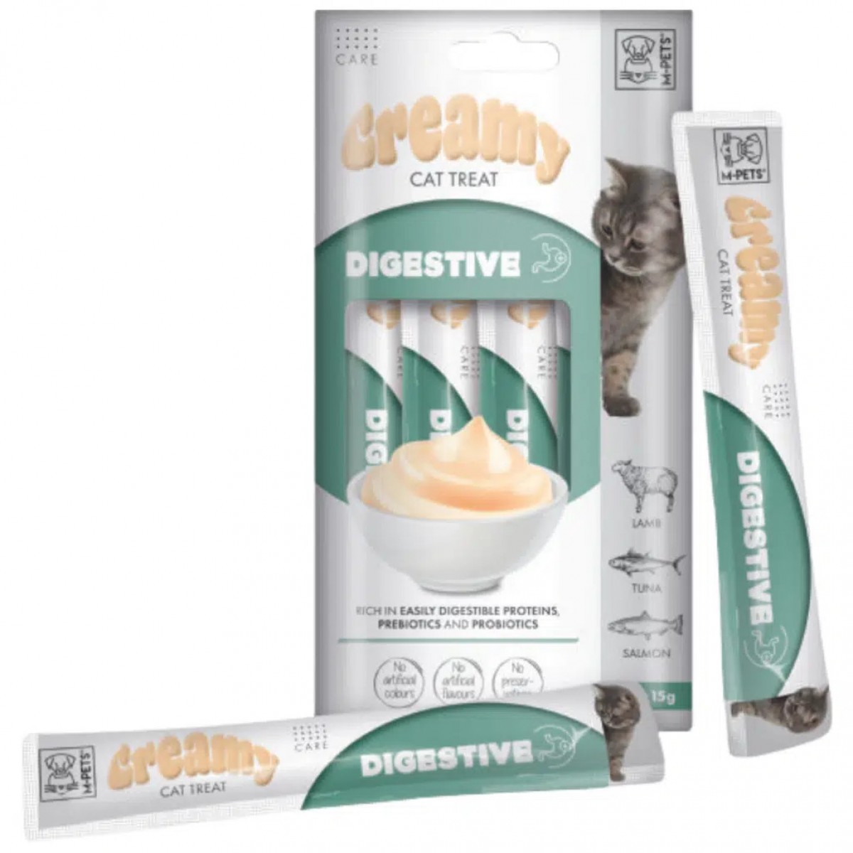 M-PETS Creamy Fonksiyonel Digestive Kuzu Etli Ton Balıklı ve Somonlu Krema Kedi Ödülü 4x15 Gr