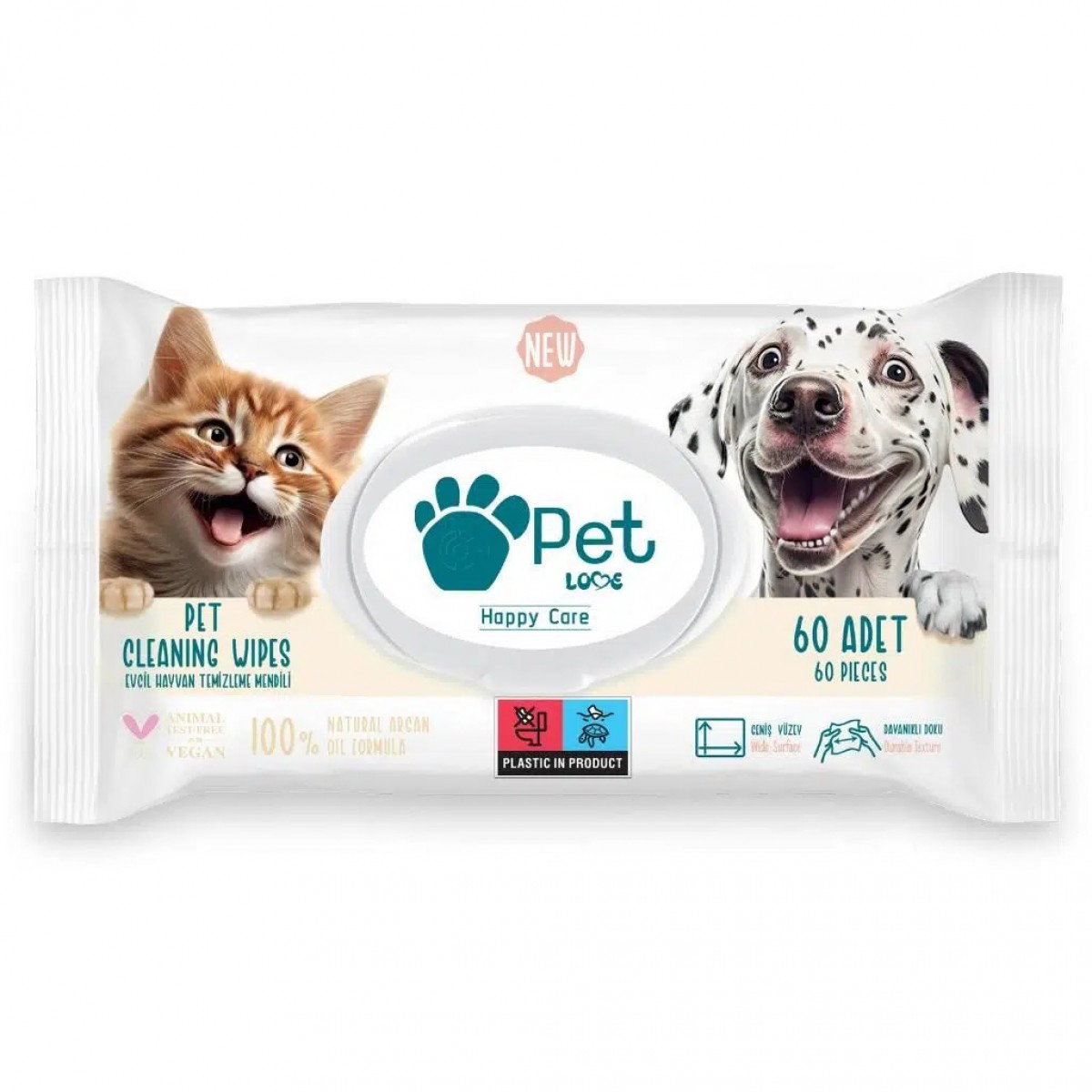 Pet Love Kediler ve Köpekler İçin %100 Doğal Argan Yağlı Evcil Hayvan Temizleme Mendili 60 Lı