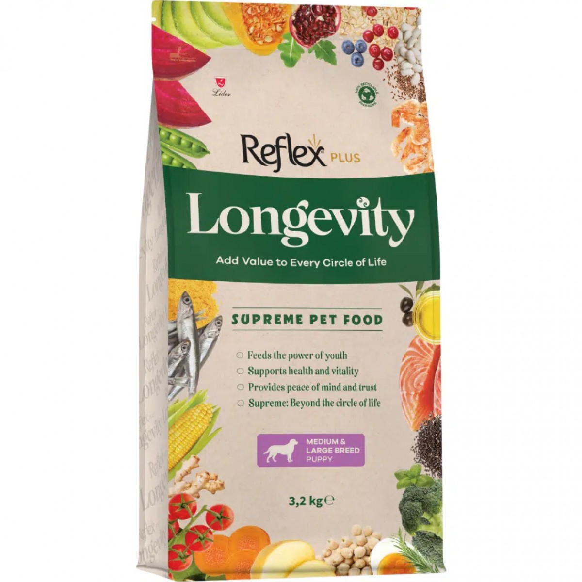Reflex Plus Longevity Medium Large Breed Puppy Hipoalerjenik Orta ve Büyük Irk Yavru Köpek Maması 3.2 Kg